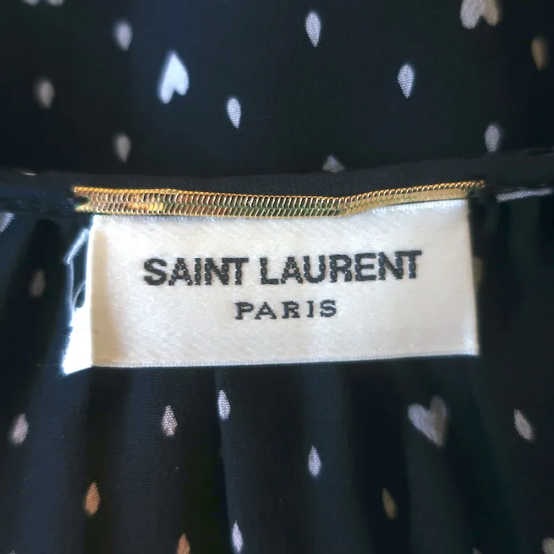 Saint Laurent Blouse à col noué imprimé cœurs en soie noire Taille 38 Haut à manches longues