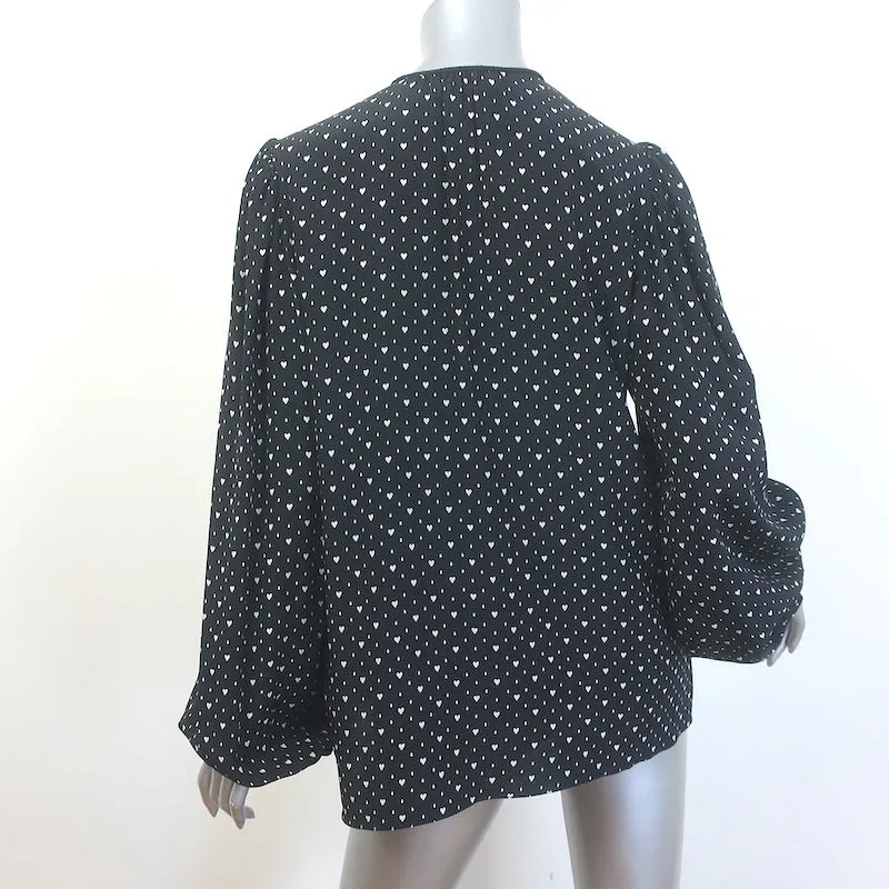 Saint Laurent Blouse à col noué imprimé cœurs en soie noire Taille 38 Haut à manches longues