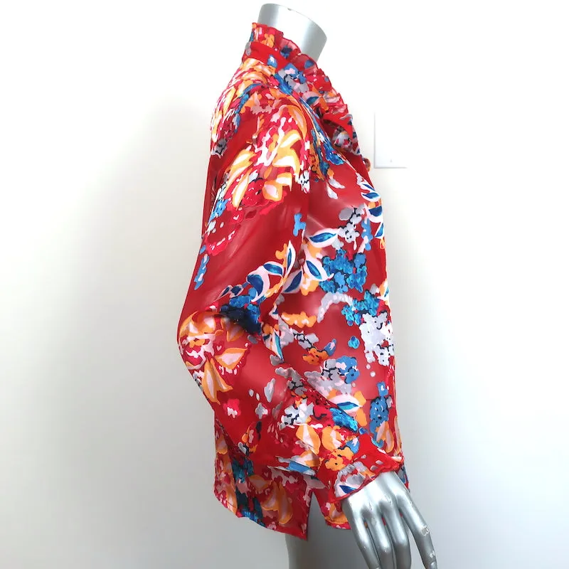 Saloni Blouse à Col Noué Emile Rouge Fleuri en Chiffon Taille US 8 à Manches Longues