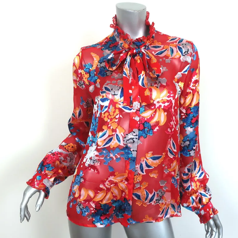 Saloni Blouse à Col Noué Emile Rouge Fleuri en Chiffon Taille US 8 à Manches Longues
