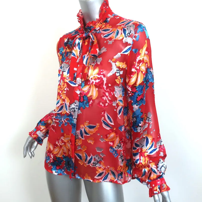 Saloni Blouse à Col Noué Emile Rouge Fleuri en Chiffon Taille US 8 à Manches Longues
