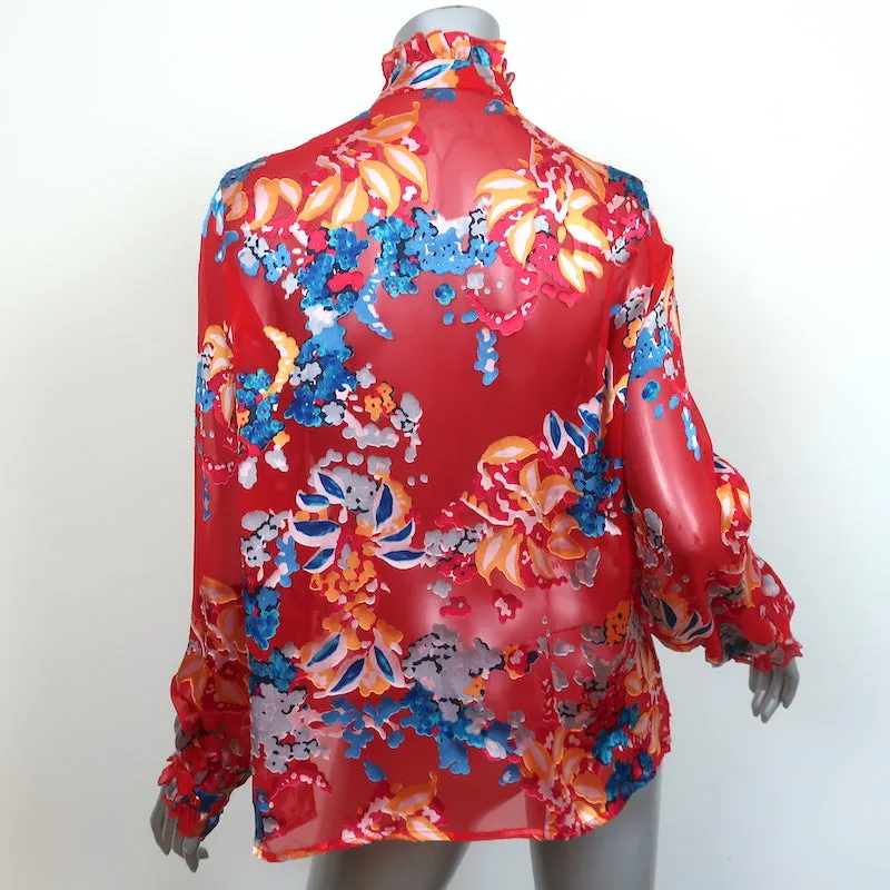 Saloni Blouse à Col Noué Emile Rouge Fleuri en Chiffon Taille US 8 à Manches Longues