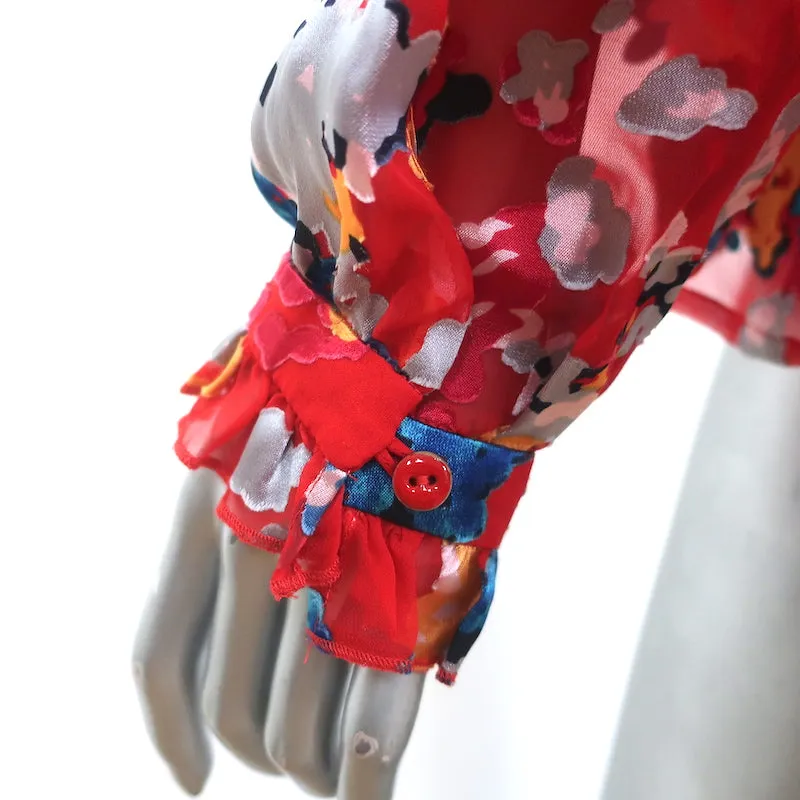 Saloni Blouse à Col Noué Emile Rouge Fleuri en Chiffon Taille US 8 à Manches Longues