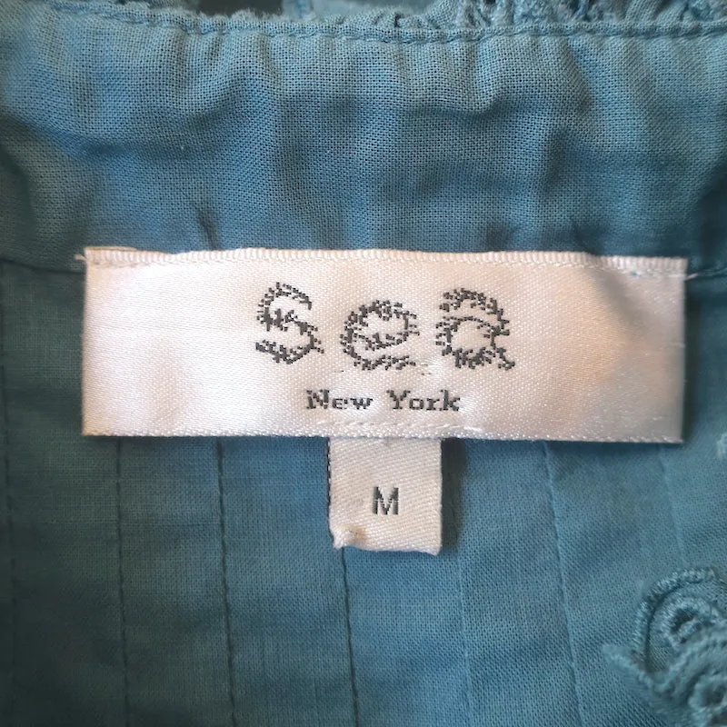 SEA Adrienne Blouse à boutons en coton bleu vert taille moyenne avec broderies