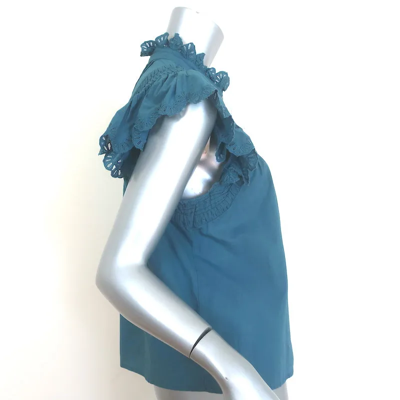 SEA Adrienne Blouse à boutons en coton bleu vert taille moyenne avec broderies