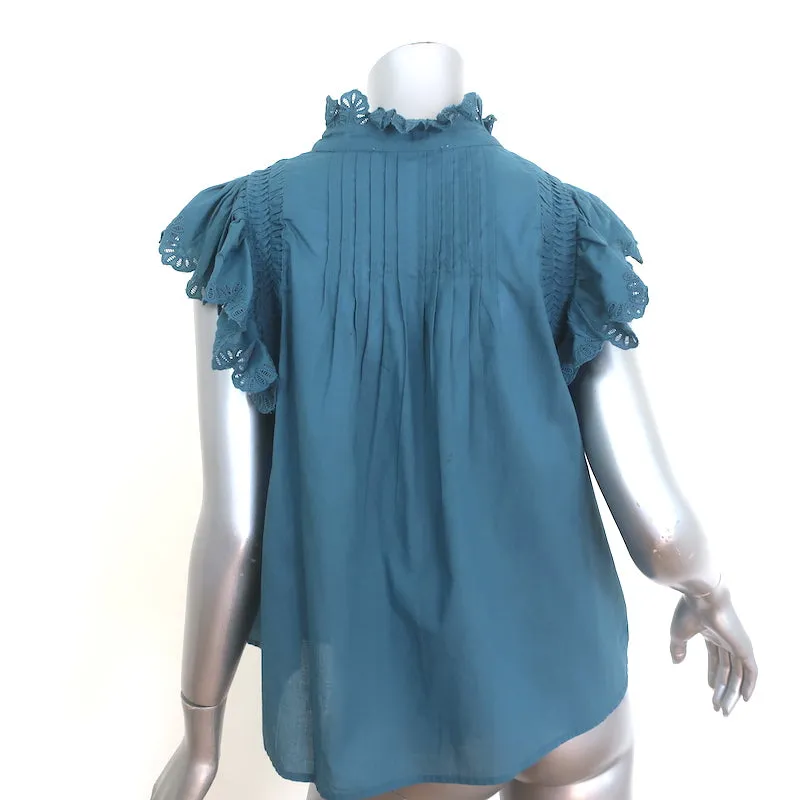 SEA Adrienne Blouse à boutons en coton bleu vert taille moyenne avec broderies