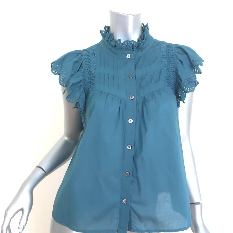 SEA Adrienne Blouse à boutons en coton bleu vert taille moyenne avec broderies