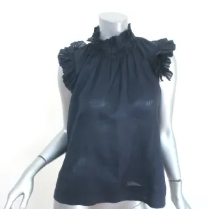 SEA Flutter Sleeve Top Navy Ramie Size 6 High Neck Blouse