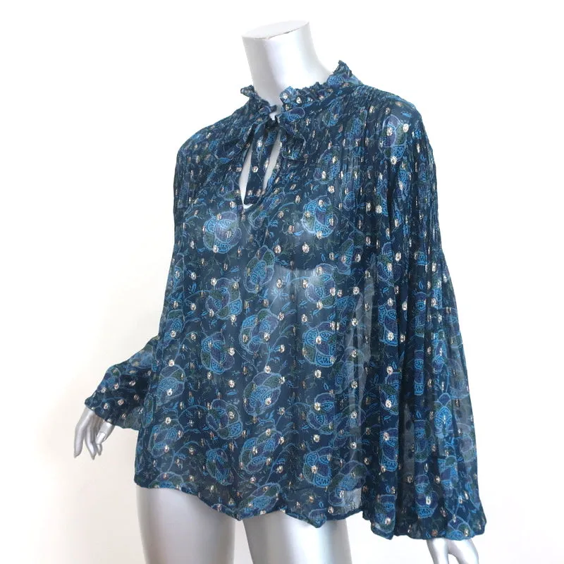 Haut à manches longues SEA Positano Bleu Lurex Imprimé Georgette Taille Très Petite NEUF