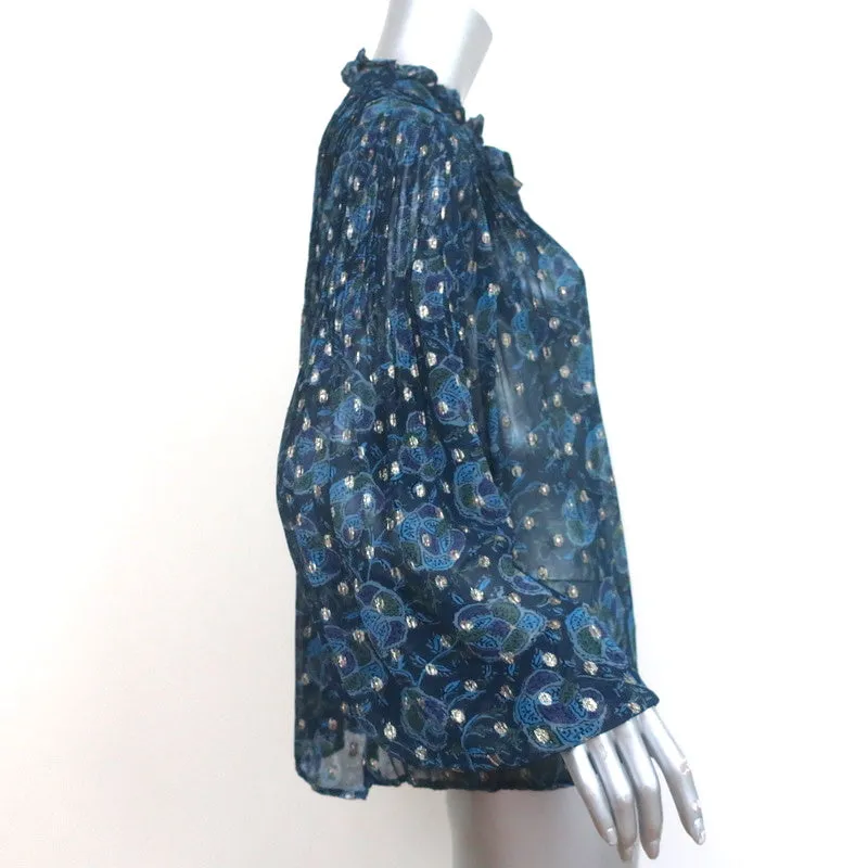 Haut à manches longues SEA Positano Bleu Lurex Imprimé Georgette Taille Très Petite NEUF