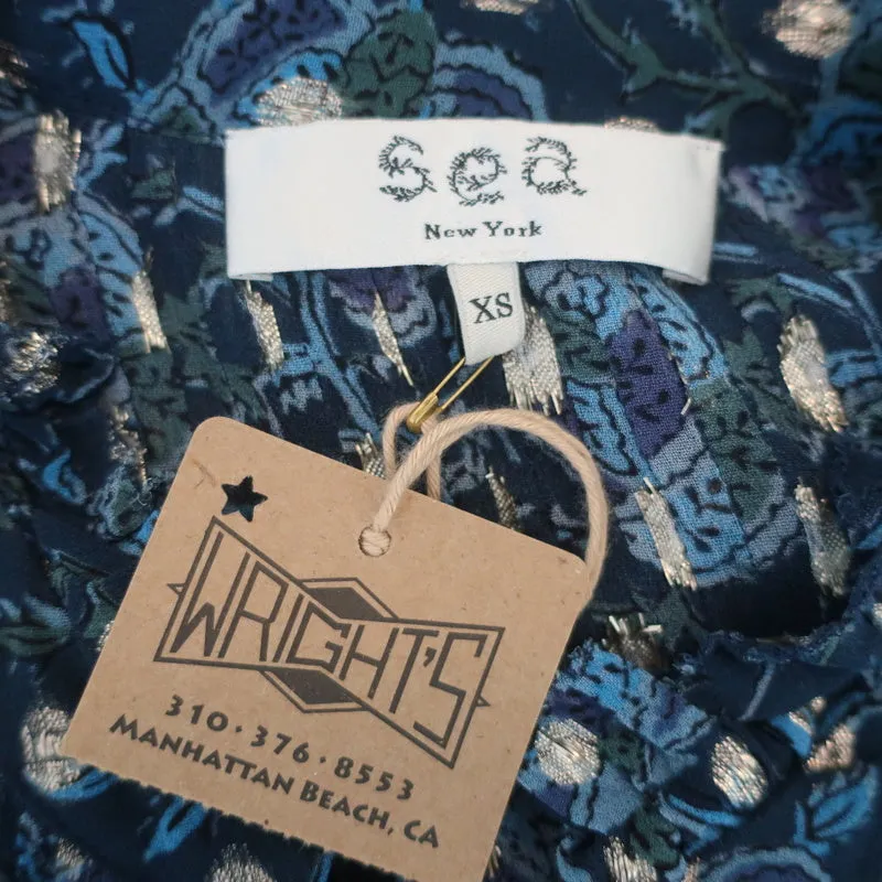 Haut à manches longues SEA Positano Bleu Lurex Imprimé Georgette Taille Très Petite NEUF