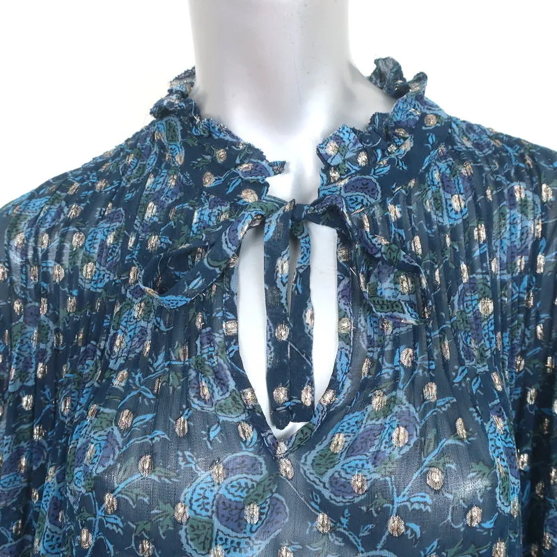 Haut à manches longues SEA Positano Bleu Lurex Imprimé Georgette Taille Très Petite NEUF