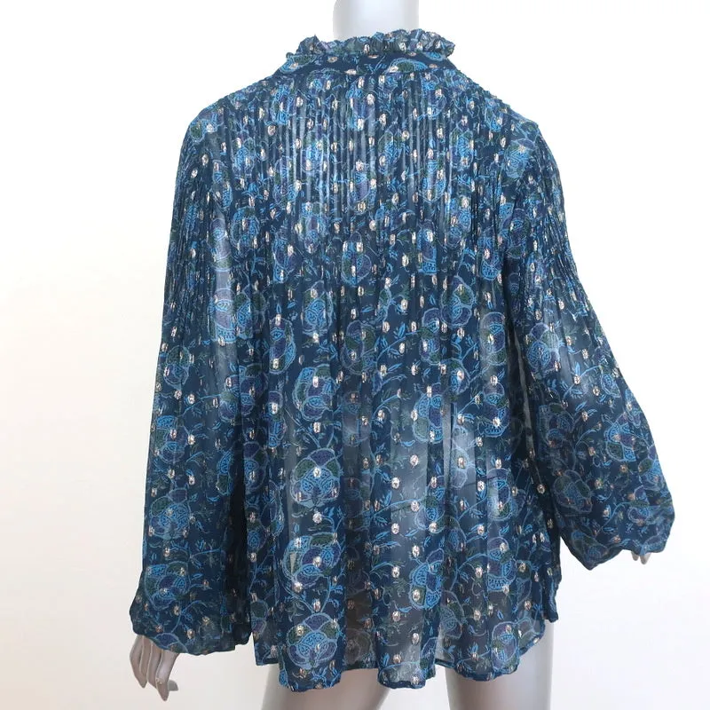 Haut à manches longues SEA Positano Bleu Lurex Imprimé Georgette Taille Très Petite NEUF