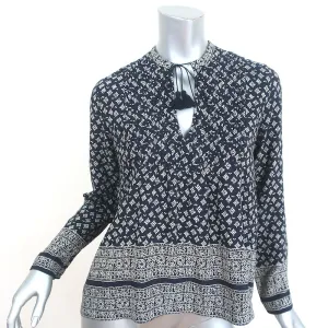 SEA Tassel Top Navy Printed Silk Crepe Size 0 Long Sleeve Blouse