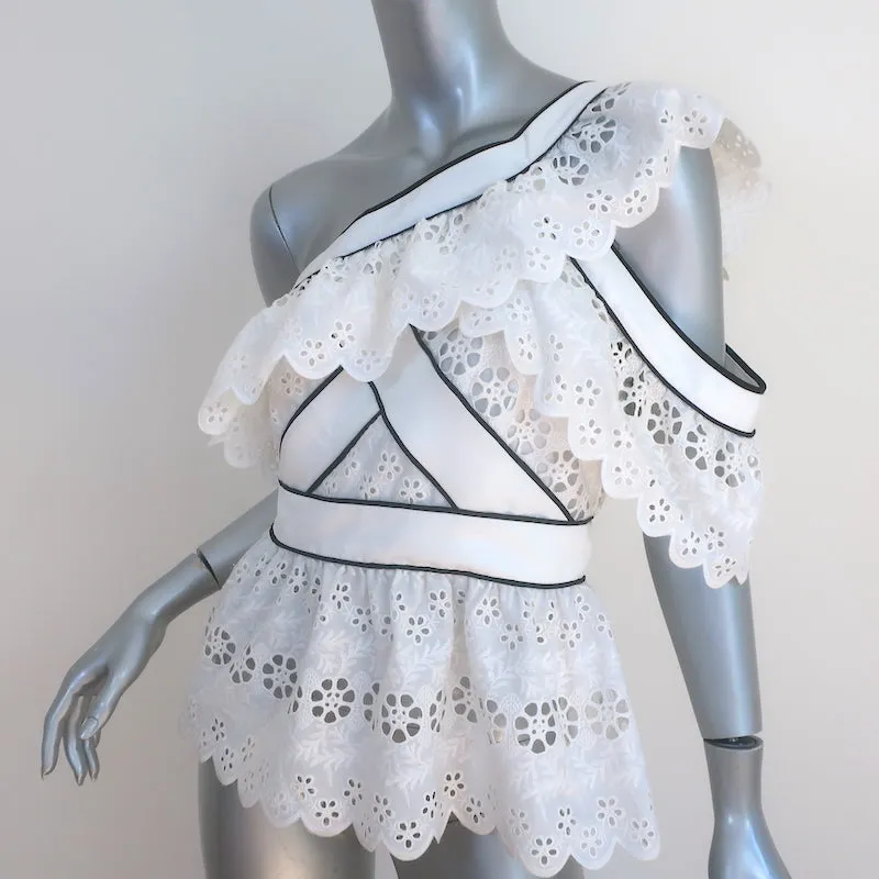 Autoportrait Broderie Anglaise Haut à Une Épaule avec Volants Blanc Taille US 6