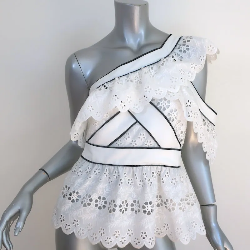Autoportrait Broderie Anglaise Haut à Une Épaule avec Volants Blanc Taille US 6