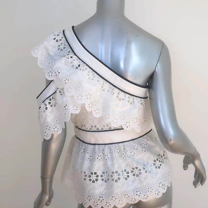 Autoportrait Broderie Anglaise Haut à Une Épaule avec Volants Blanc Taille US 6