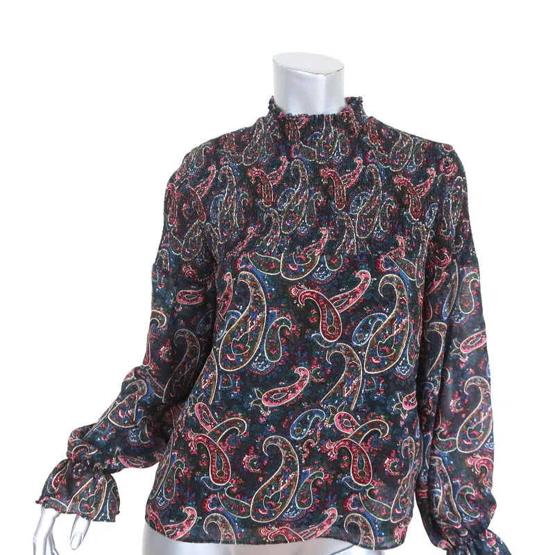 Blouse Senlis Marine Imprimé Paisley Smocked Taille Petite Haut à Manches Longues