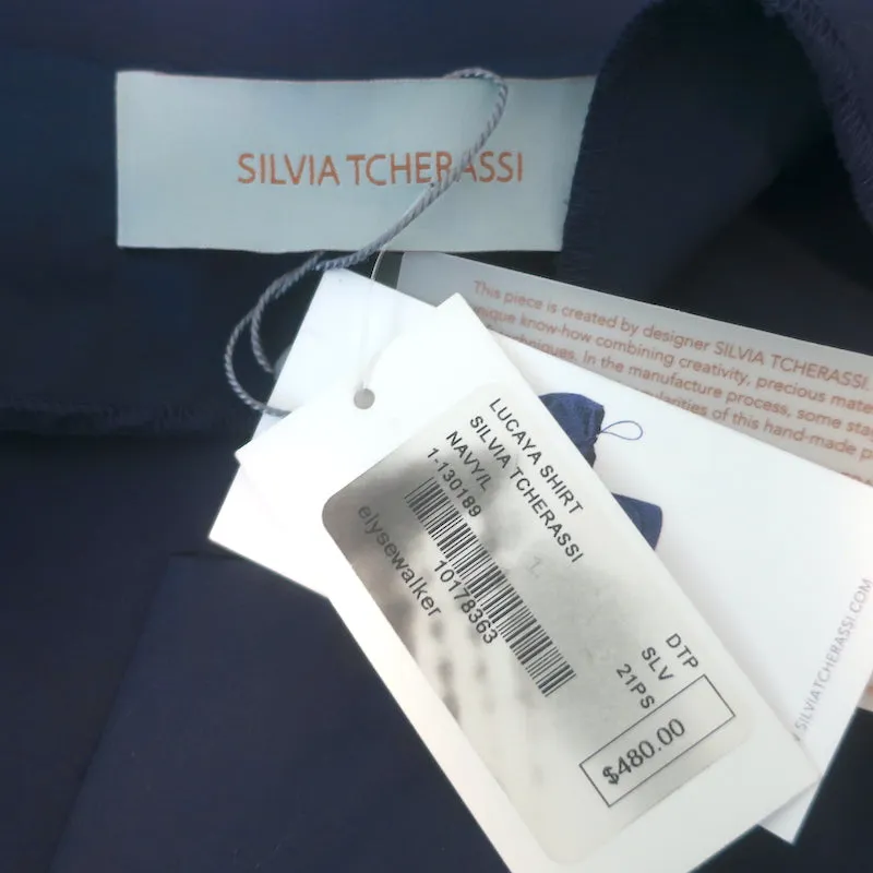 Silvia Tcherassi Lucaya Blouse à Manches Ballon Bleu Marine en Coton Taille L NEUVE