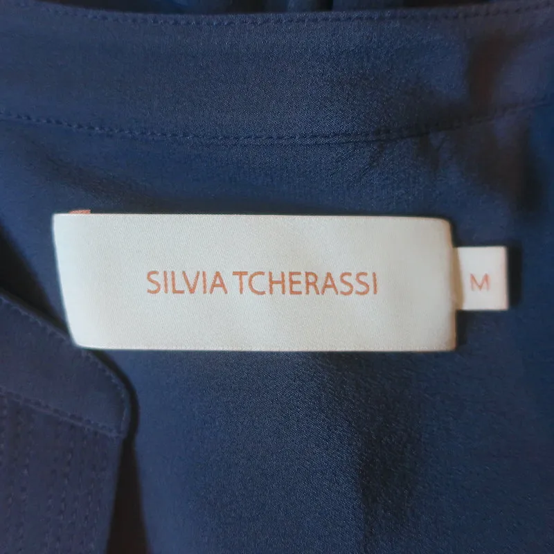 Silvia Tcherassi Sanford Blouse à Manches Ballon Bleu Marine en Soie Taille Moyenne Haut à Encolure en V