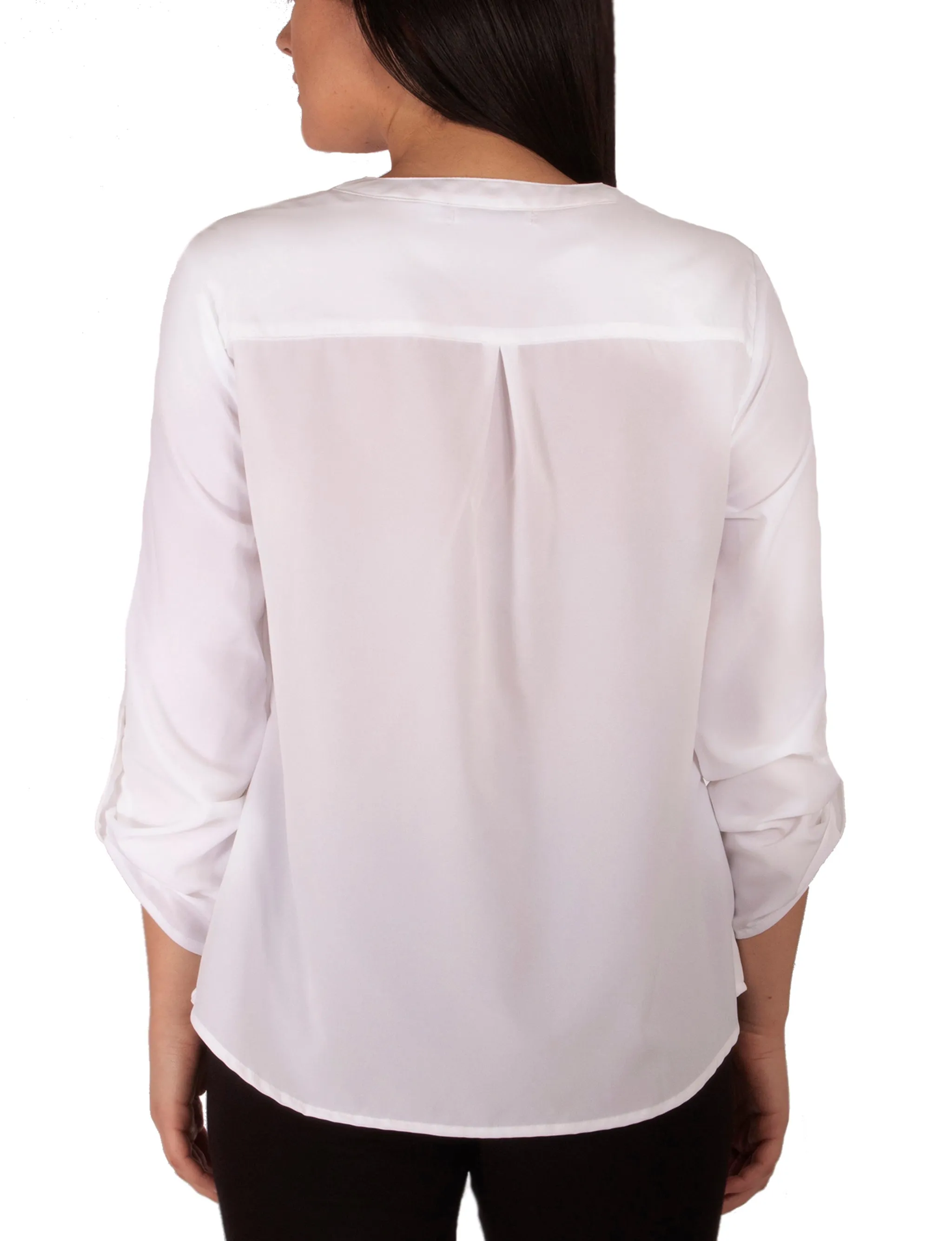 Blouse à col mandarin solide avec encolure en Y et manches à soufflets plissés