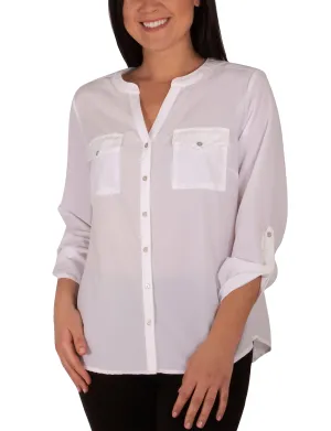 Solid Mandarin Collar Y Neck Blouse With Ruched Tabbed Sleeves