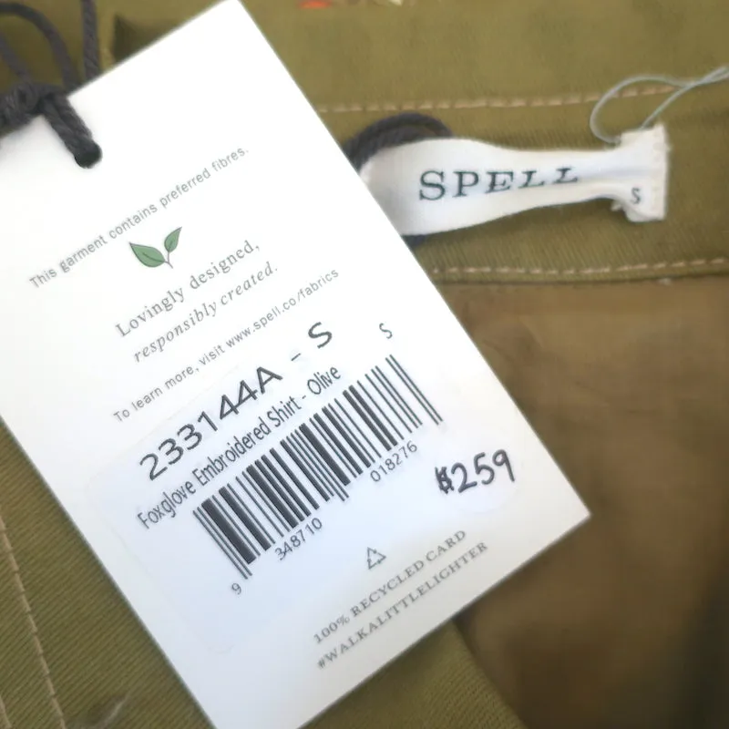 Chemise Brodée Foxglove Olive en Coton Taille Petite Manches Longues Nouveau