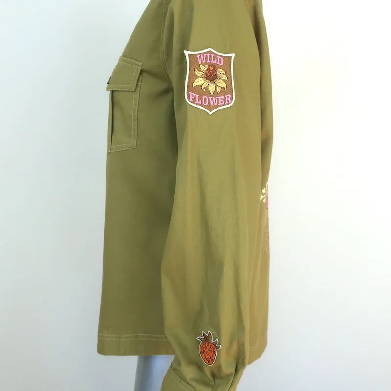 Chemise Brodée Foxglove Olive en Coton Taille Petite Manches Longues Nouveau