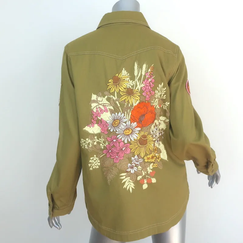 Chemise Brodée Foxglove Olive en Coton Taille Petite Manches Longues Nouveau
