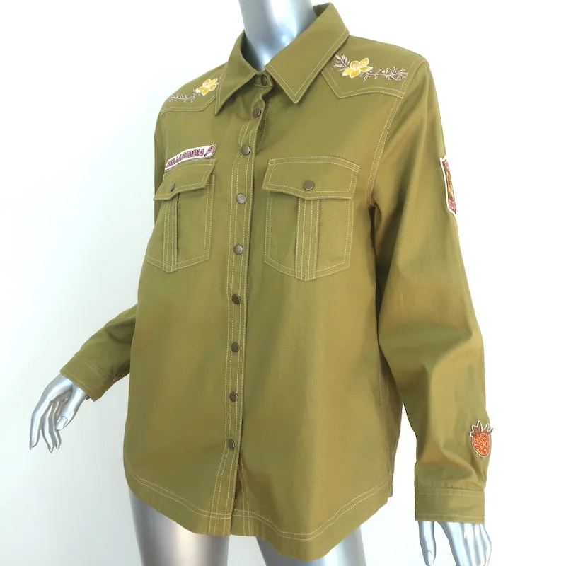 Chemise Brodée Foxglove Olive en Coton Taille Petite Manches Longues Nouveau