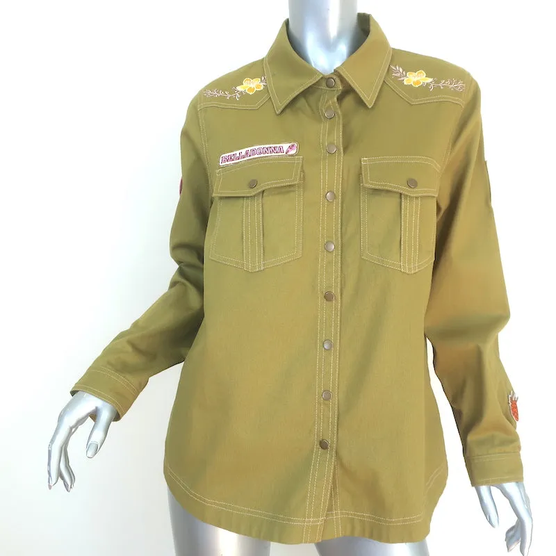 Chemise Brodée Foxglove Olive en Coton Taille Petite Manches Longues Nouveau