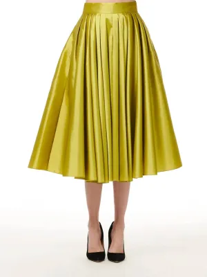 Tea Length Pleated Soft Taffeta Midi Skirt In Citrine