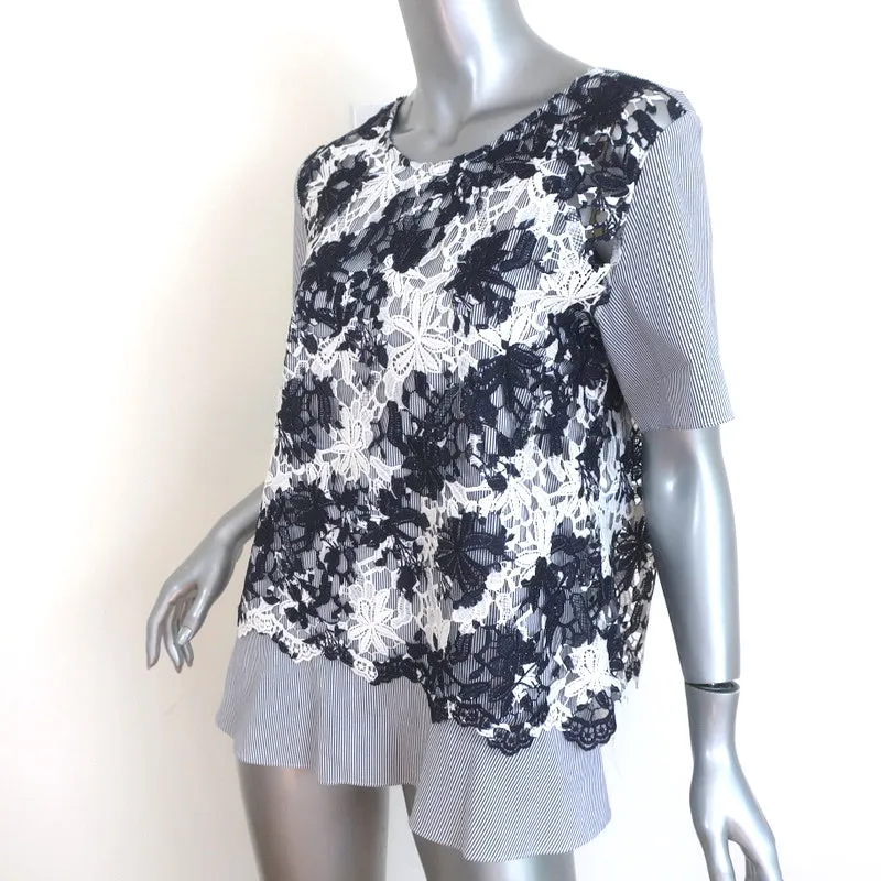 Thakoon Addition Haut à Surpiqûres en Dentelle Rayé Bleu en Coton Taille 4 Blouse à Manches Courtes