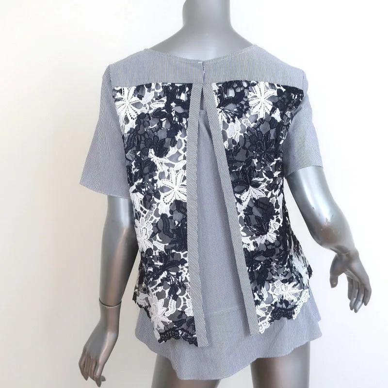 Thakoon Addition Haut à Surpiqûres en Dentelle Rayé Bleu en Coton Taille 4 Blouse à Manches Courtes