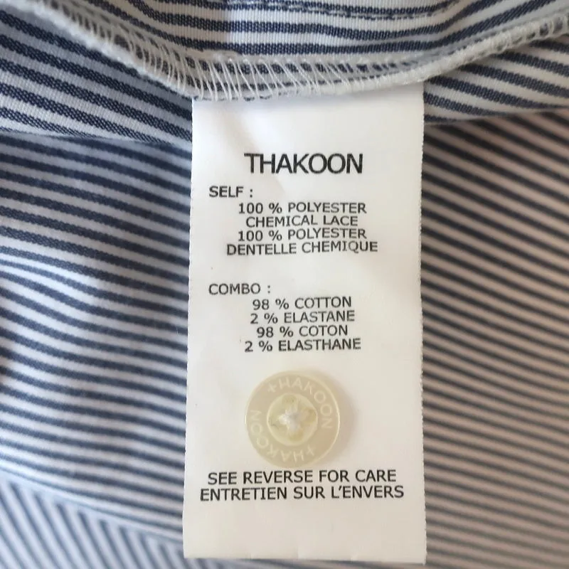 Thakoon Addition Haut à Surpiqûres en Dentelle Rayé Bleu en Coton Taille 4 Blouse à Manches Courtes