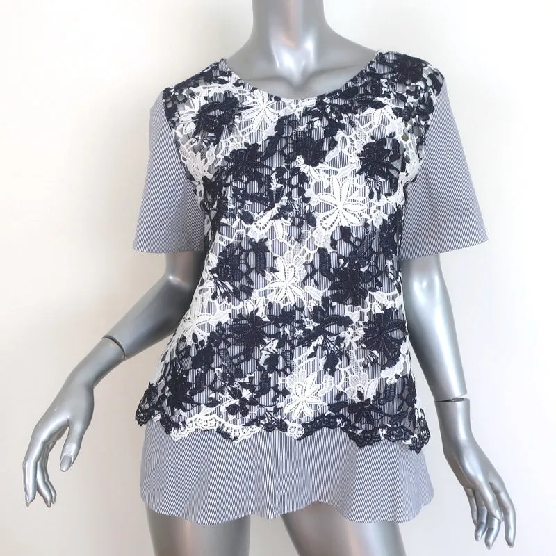 Thakoon Addition Haut à Surpiqûres en Dentelle Rayé Bleu en Coton Taille 4 Blouse à Manches Courtes
