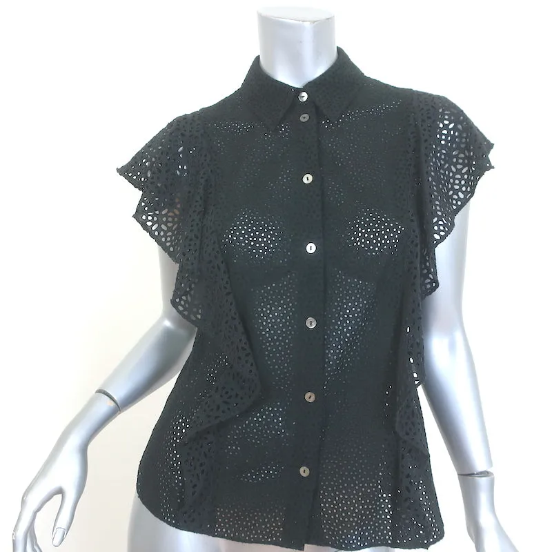 Theory Blouse Boutonnée Noire Taille Petite à Volants Brodés Œillets Nova