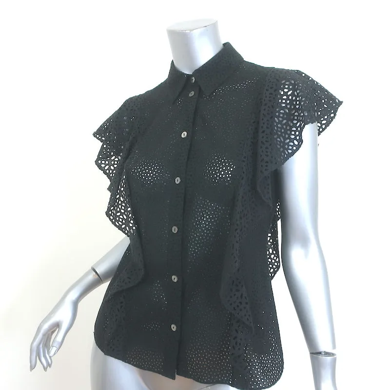 Theory Blouse Boutonnée Noire Taille Petite à Volants Brodés Œillets Nova