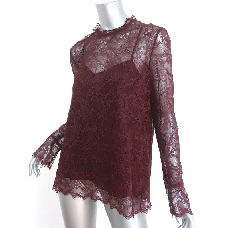 Blouse Theory à manches longues taille moyenne en dentelle festonnée couleur groseille NEUVE