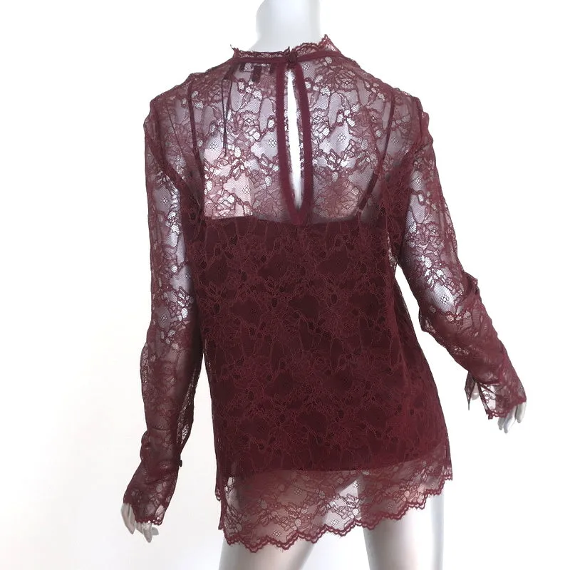 Blouse Theory à manches longues taille moyenne en dentelle festonnée couleur groseille NEUVE