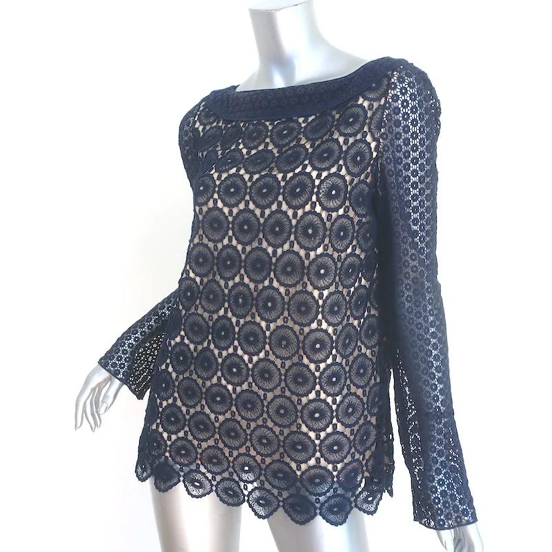 Tory Burch Haut en Dentelle Crochet Janeen Marine Taille 6 Blouse à Manches Longues