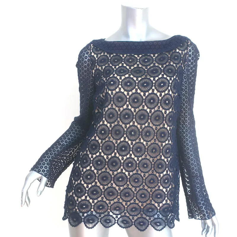 Tory Burch Haut en Dentelle Crochet Janeen Marine Taille 6 Blouse à Manches Longues