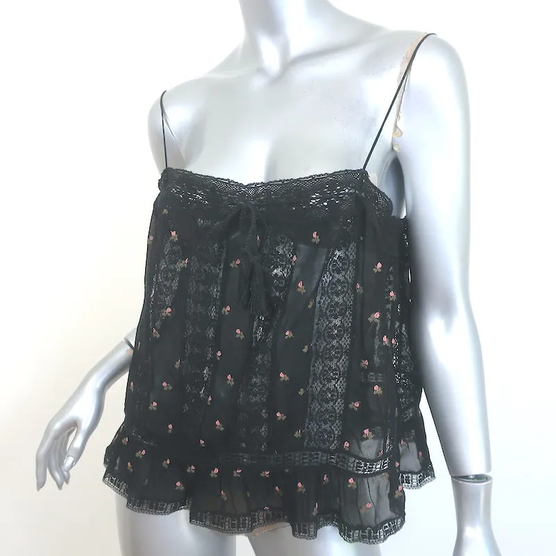 Ulla Johnson Bernie Débardeur à Bordure Dentelle Noir en Georgette Brodée de Fleurs Taille 2