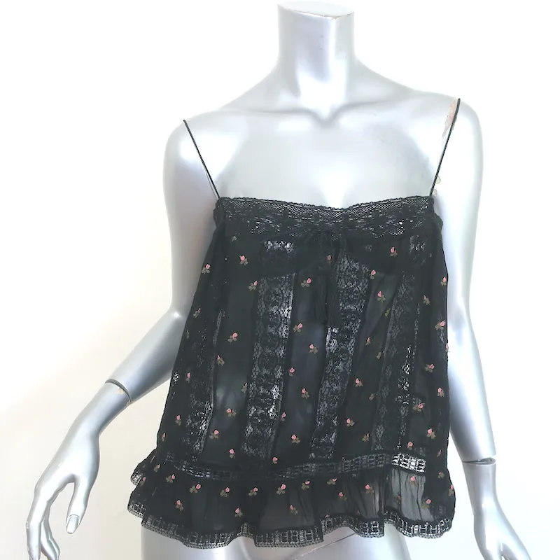 Ulla Johnson Bernie Débardeur à Bordure Dentelle Noir en Georgette Brodée de Fleurs Taille 2