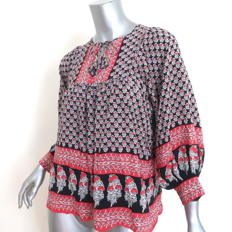 Blouse Ulla Johnson Bea Noir/Rouge Imprimé floral indien Soie Taille 2 Top à nœud