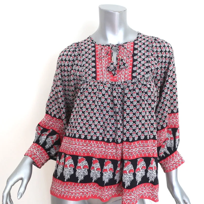 Blouse Ulla Johnson Bea Noir/Rouge Imprimé floral indien Soie Taille 2 Top à nœud