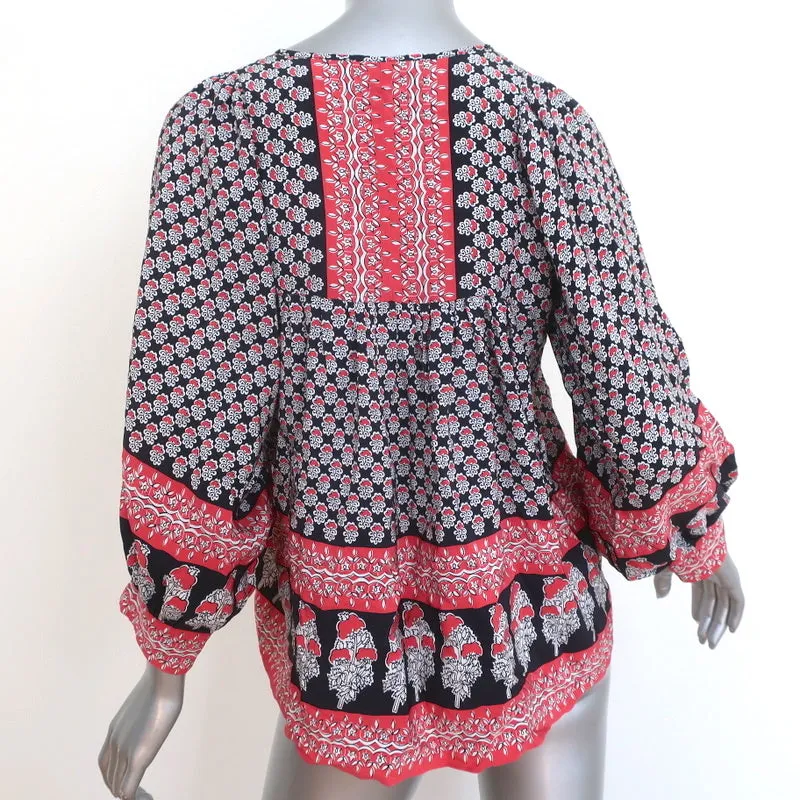 Blouse Ulla Johnson Bea Noir/Rouge Imprimé floral indien Soie Taille 2 Top à nœud