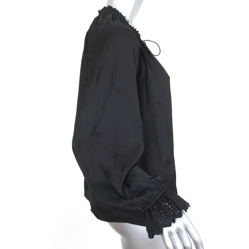 Blouse Ulla Johnson Irene Noir Brodée de Fleurs en Satin Taille 6 Haut à Manches Longues