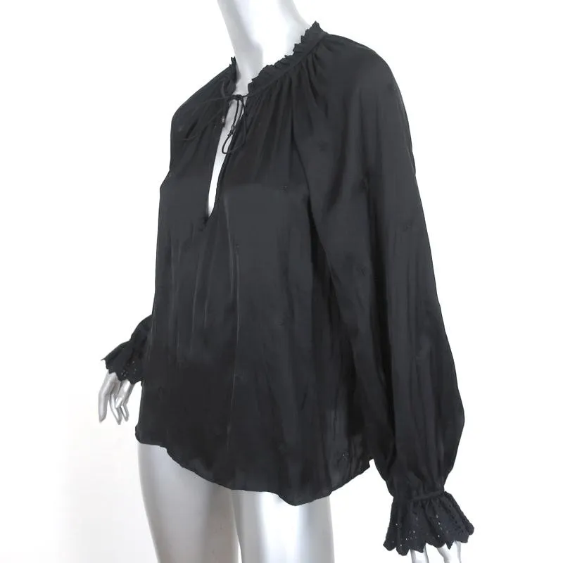 Blouse Ulla Johnson Irene Noir Brodée de Fleurs en Satin Taille 6 Haut à Manches Longues