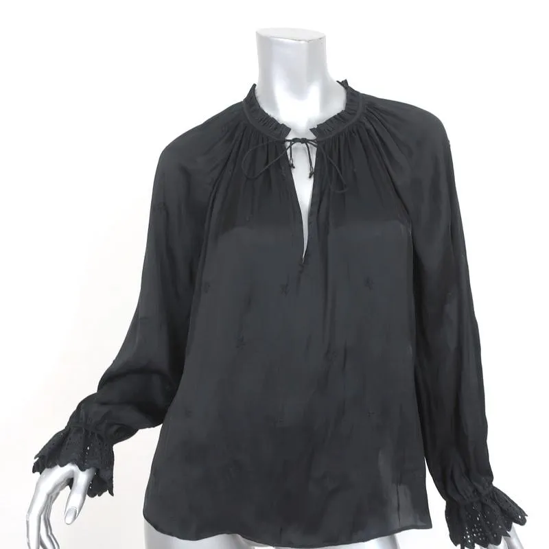 Blouse Ulla Johnson Irene Noir Brodée de Fleurs en Satin Taille 6 Haut à Manches Longues
